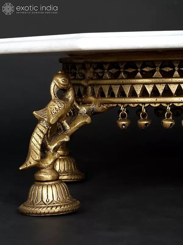 Exotic India 15" Hexagon Shaped Designer Pedestal (Chowki) With Inlay Work | Brass And Marble 