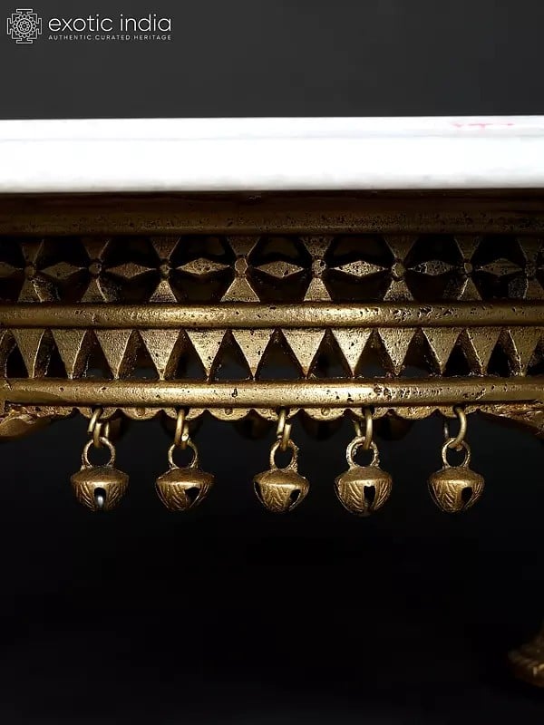 Exotic India 15" Hexagon Shaped Designer Pedestal (Chowki) With Inlay Work | Brass And Marble 