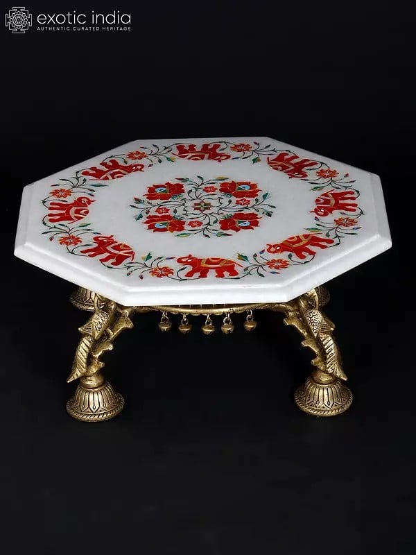 exotic india 15" Hexagon Shaped Designer Pedestal (Chowki) with Inlay Work | Brass and Marble 