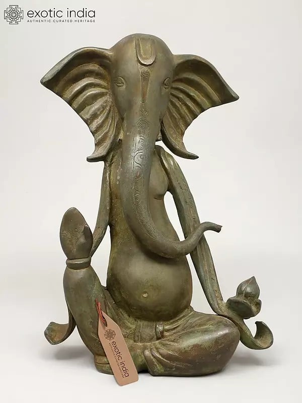 exotic india 15" Modern Ganesha in Blessing Gesture | Brass Statue 