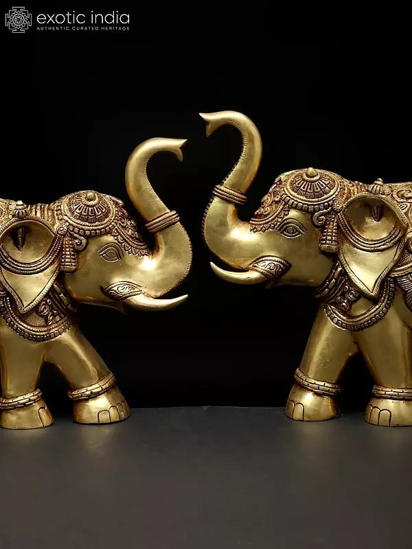Exotic India 15" Pair Of Wall Hanging Elephants | Brass Statues | Home Decor 