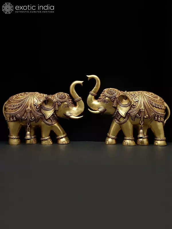 exotic india 15" Pair of Wall Hanging Elephants | Brass Statues | Home Decor 