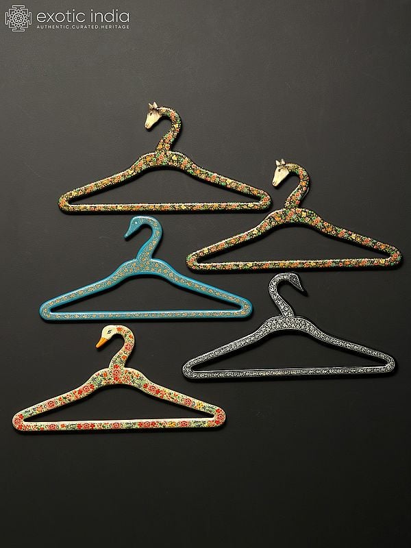 exotic india 15" Papier Mache Animals and Birds Design Clothing Hangers (Set of 5) | Handmade 