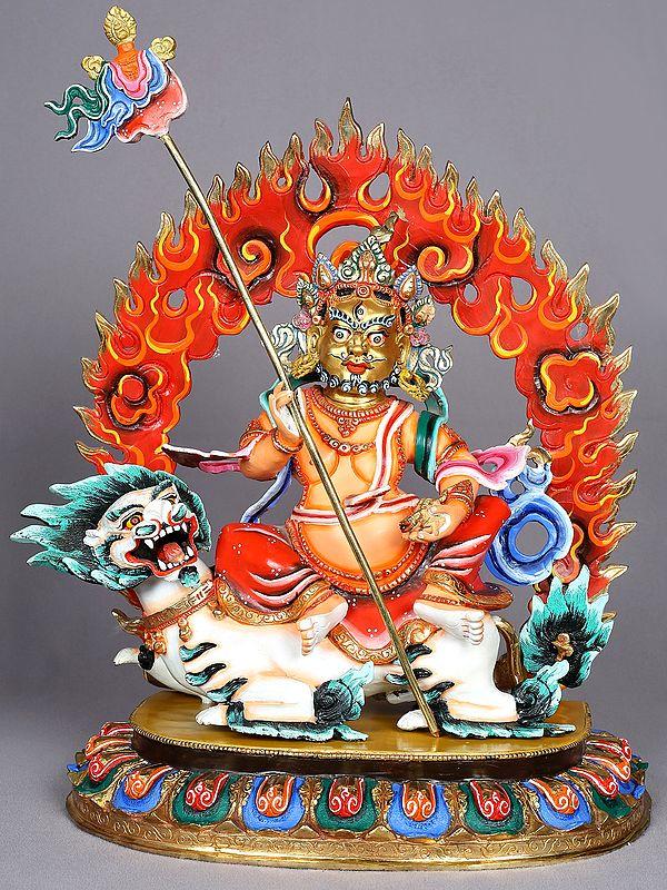 exotic india 15" Singh Kubera Copper Idol | Nepalese Copper Statue 