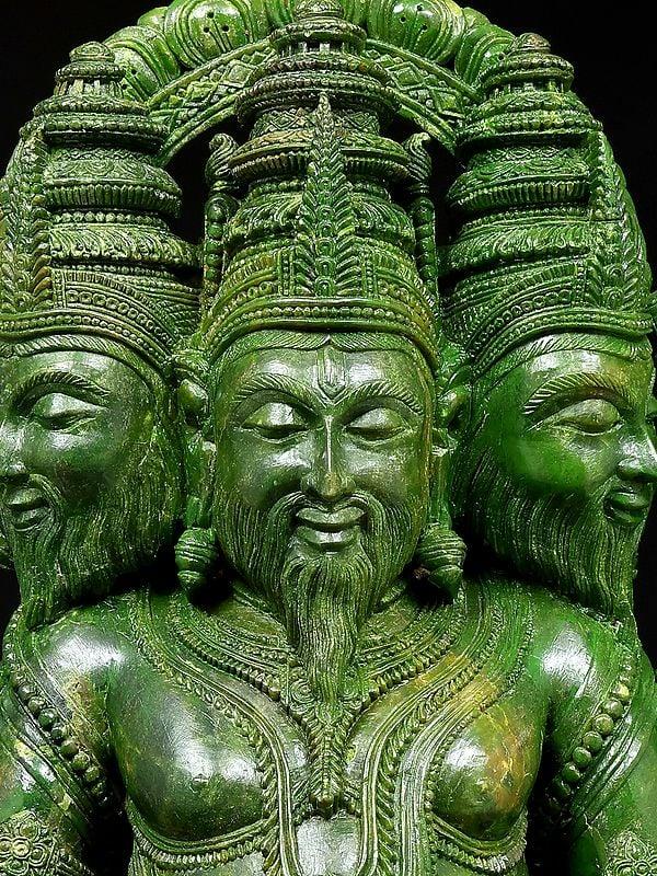 Exotic India 15" Three Headed Lord Brahma | Green Stone Statue | Made In Orissa 
