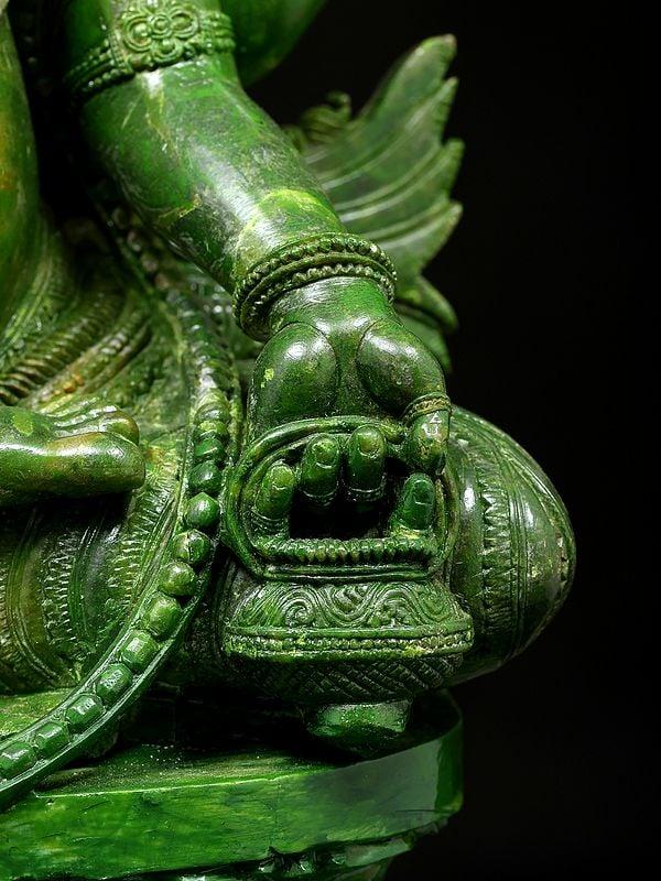 Exotic India 15" Three Headed Lord Brahma | Green Stone Statue | Made In Orissa 
