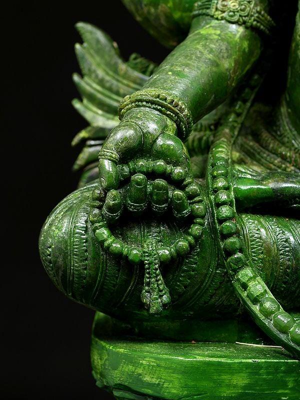 Exotic India 15" Three Headed Lord Brahma | Green Stone Statue | Made In Orissa 