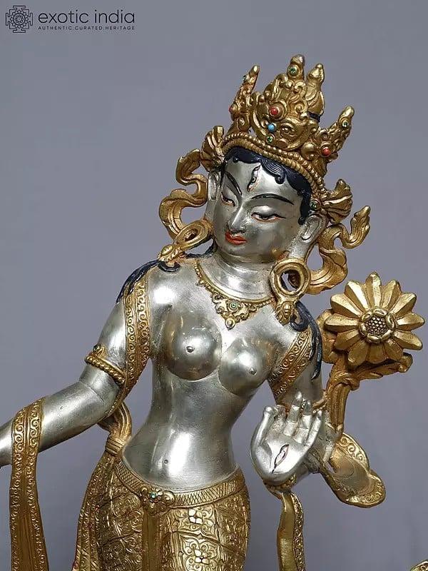 Exotic India 15" Tibetan Buddhist Standing Goddess Tara Statue In Copper Gold Plated From Nepal 