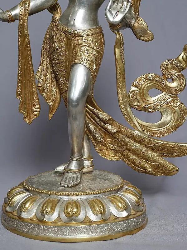 Exotic India 15" Tibetan Buddhist Standing Goddess Tara Statue In Copper Gold Plated From Nepal 