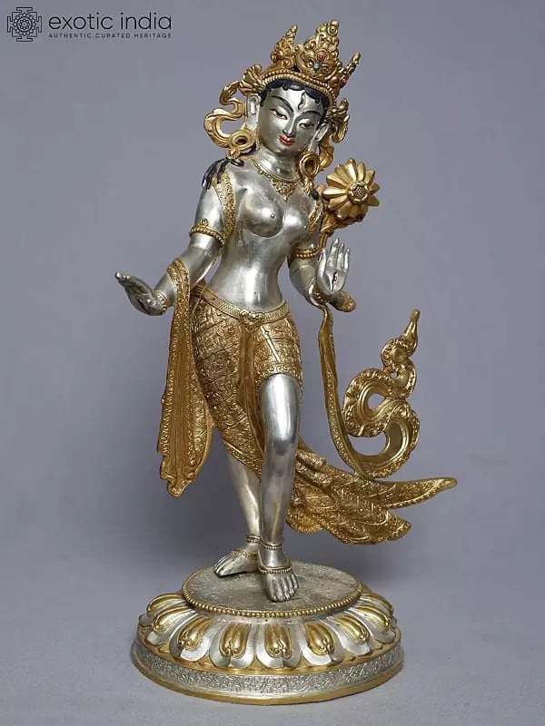 Exotic India 15" Tibetan Buddhist Standing Goddess Tara Statue In Copper Gold Plated From Nepal 