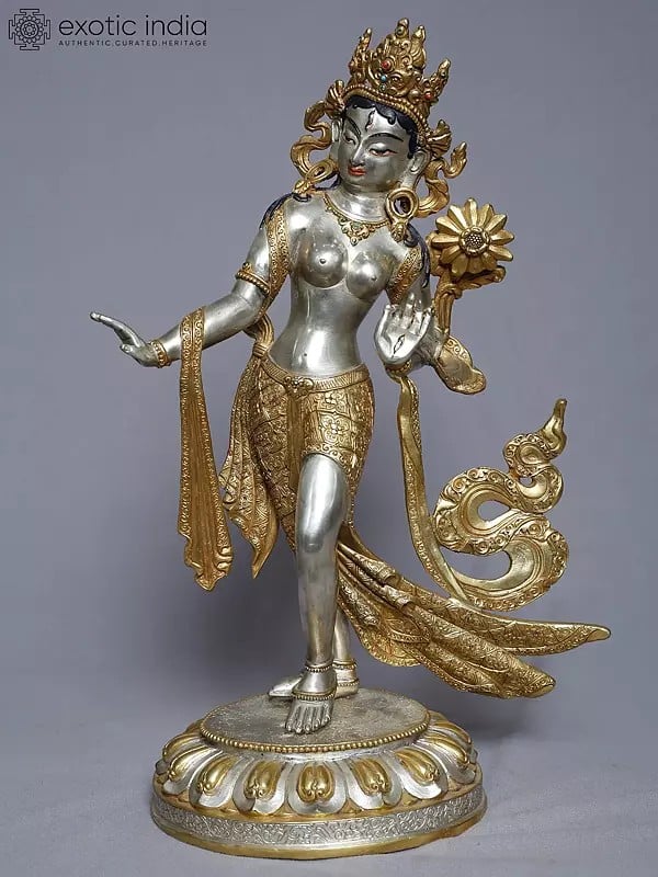 exotic india 15" Tibetan Buddhist Standing Goddess Tara Statue In Copper Gold Plated From Nepal 