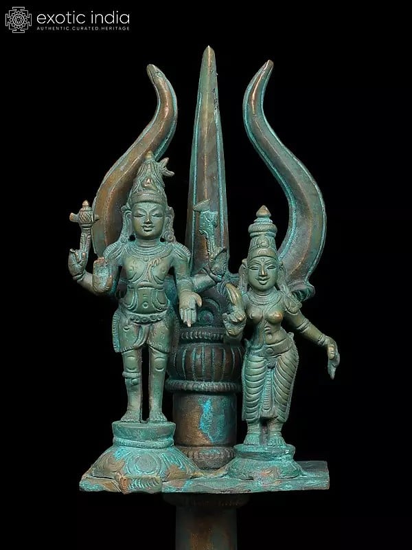 Exotic India 15" Uma Maheshwara (Shiva-Parvati) On The Sacred Trident | Madhuchista Vidhana (Lost-Wax) | Panchaloha Bronze From Swamimalai 