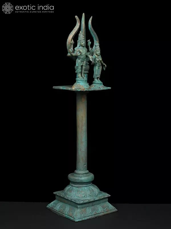 Exotic India 15" Uma Maheshwara (Shiva-Parvati) On The Sacred Trident | Madhuchista Vidhana (Lost-Wax) | Panchaloha Bronze From Swamimalai 