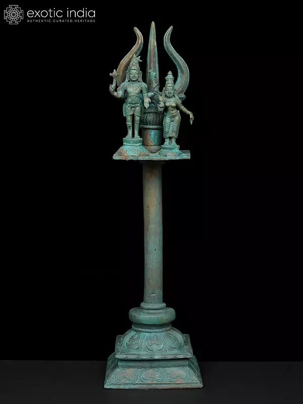 exotic india 15" Uma Maheshwara (Shiva-Parvati) on The Sacred Trident | Madhuchista Vidhana (Lost-Wax) | Panchaloha Bronze from Swamimalai 