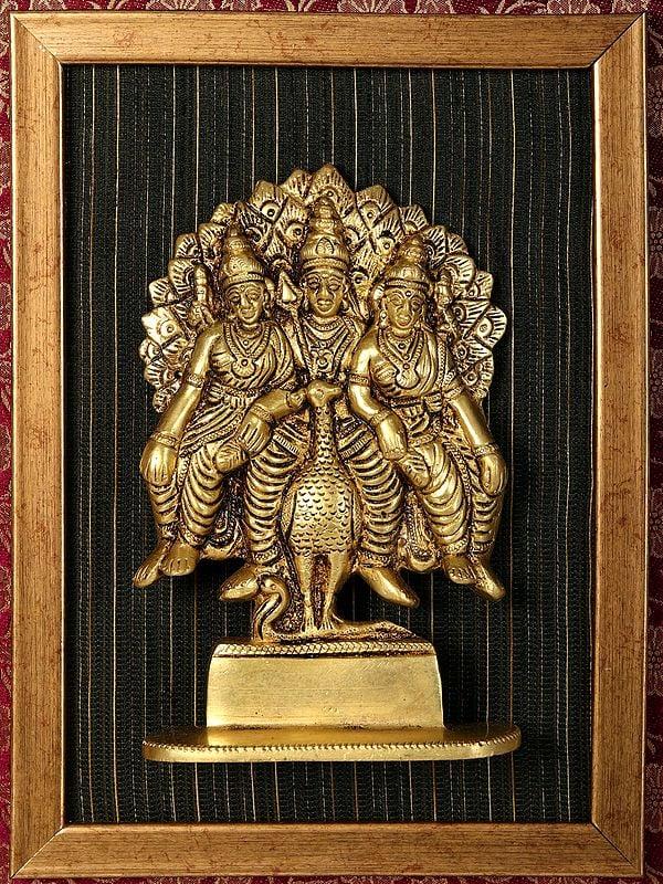 Exotic India 15" Wood Framed Lord Murugan With Valli And Deivanai | Wall Hanging 