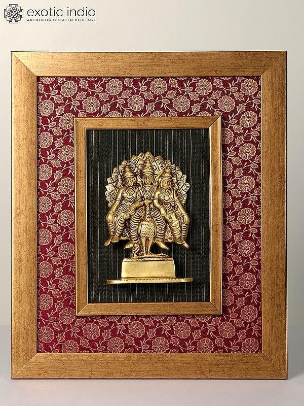 exotic india 15" Wood Framed Lord Murugan with Valli and Deivanai | Wall Hanging 