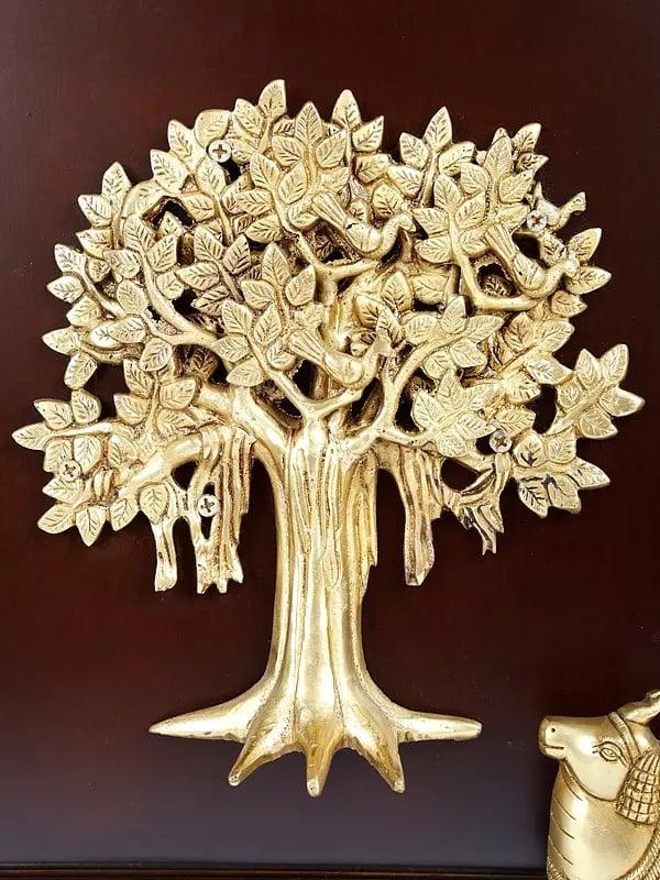 Exotic India 16" Brass Kamadhenu Cow Under The Kalpavriksh Tree | Wood Framed | Wall Hanging 