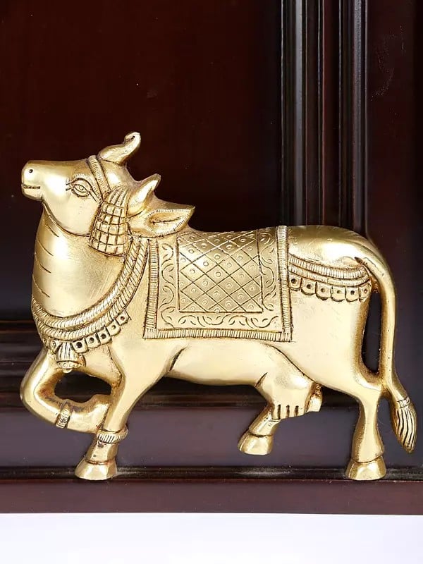Exotic India 16" Brass Kamadhenu Cow Under The Kalpavriksh Tree | Wood Framed | Wall Hanging 
