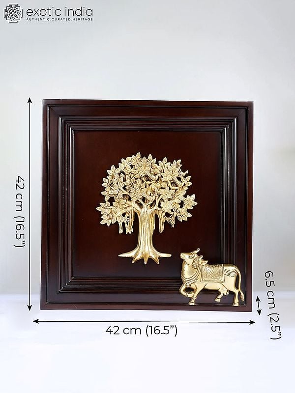 Exotic India 16" Brass Kamadhenu Cow Under The Kalpavriksh Tree | Wood Framed | Wall Hanging 