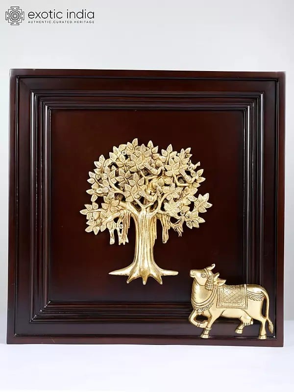 exotic india 16" Brass Kamadhenu Cow Under The Kalpavriksh Tree | Wood Framed | Wall Hanging 