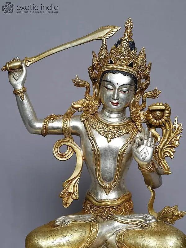 Exotic India 16" Copper Gold Plated Lord Manjushree Seated On Lotus Pedestal From Nepal 