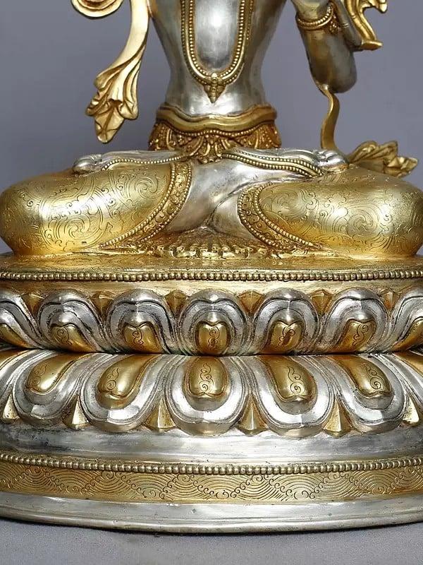 Exotic India 16" Copper Gold Plated Lord Manjushree Seated On Lotus Pedestal From Nepal 