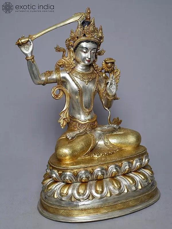 Exotic India 16" Copper Gold Plated Lord Manjushree Seated On Lotus Pedestal From Nepal 