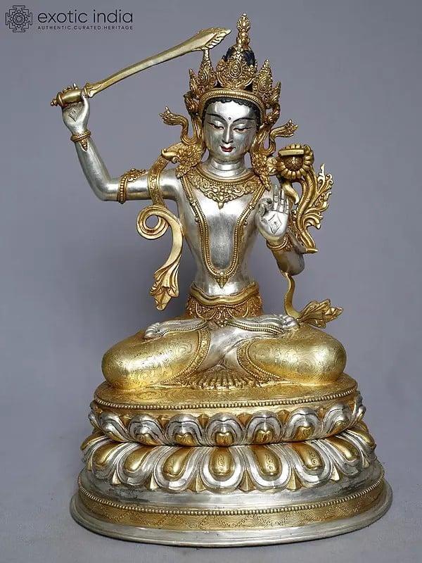 exotic india 16" Copper Gold Plated Lord Manjushree Seated On Lotus Pedestal From Nepal 