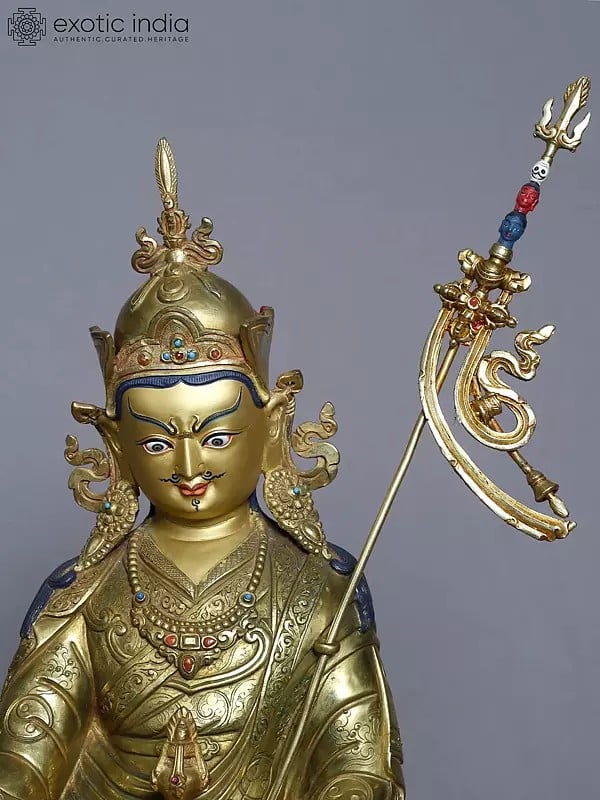 Exotic India 16" Copper Gold Plated Tibetan Buddhist Deity Guru Padmasambhava Statue From Nepal 