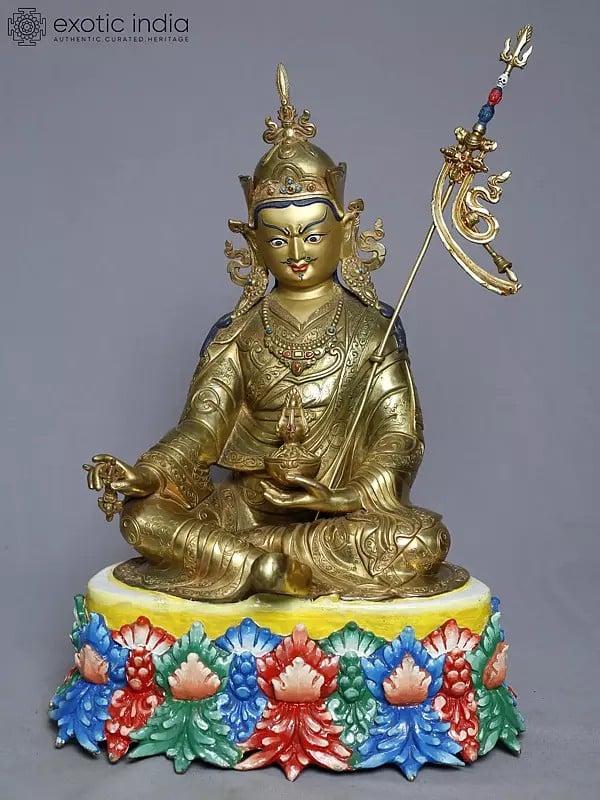 exotic india 16" Copper Gold Plated Tibetan Buddhist Deity Guru Padmasambhava Statue From Nepal 