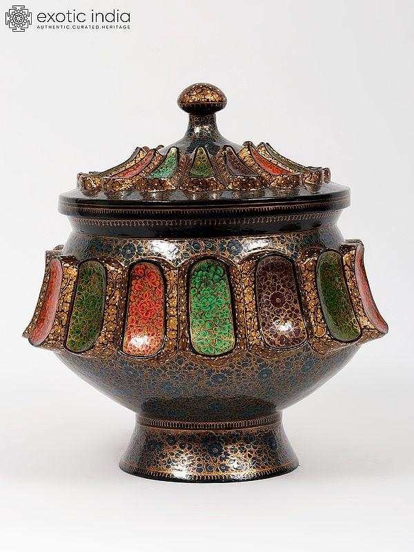 Exotic India 16" Decorative Papier Mache Pot With Lid | Hand-Painted | From Kashmir 