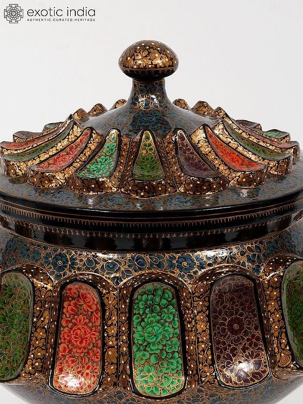 Exotic India 16" Decorative Papier Mache Pot With Lid | Hand-Painted | From Kashmir 