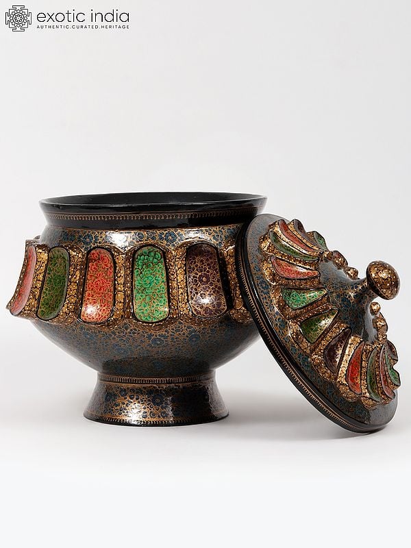 Exotic India 16" Decorative Papier Mache Pot With Lid | Hand-Painted | From Kashmir 