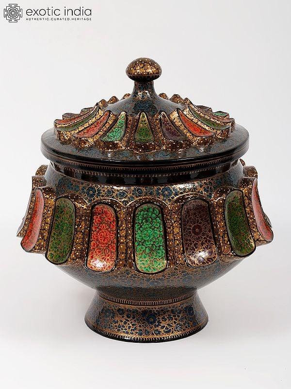 exotic india 16" Decorative Papier Mache Pot with Lid | Hand-Painted | From Kashmir 