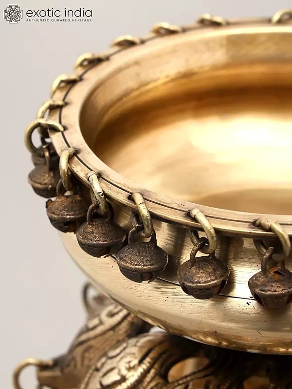 Exotic India 16" Designer Standing Brass Urli With Bells | Home Decor 