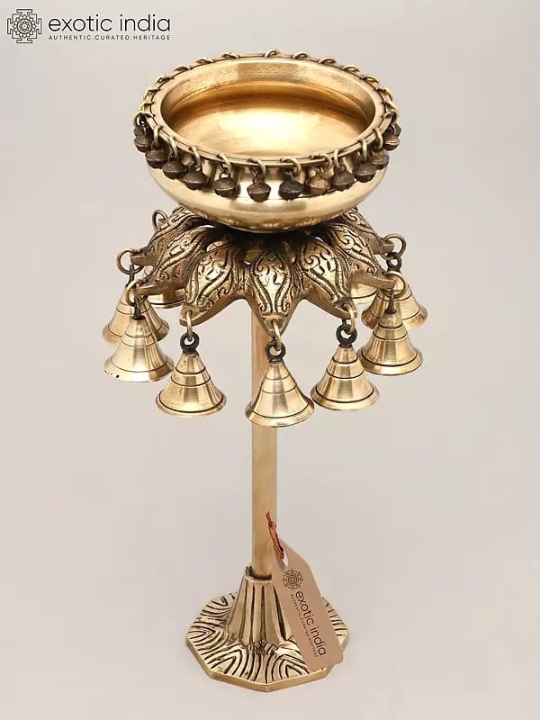 exotic india 16" Designer Standing Brass Urli with Bells | Home Decor 