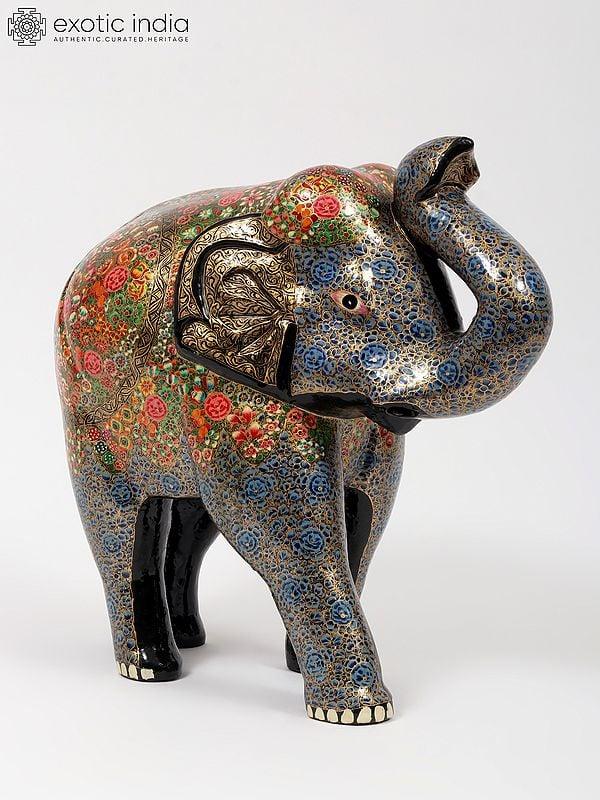 Exotic India 16" Hand-Painted Wood Based Papier Mache Elephant Family (Set Of 3) | Home Decor