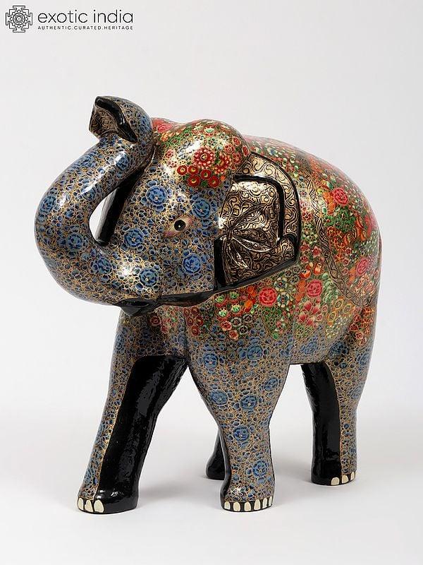 Exotic India 16" Hand-Painted Wood Based Papier Mache Elephant Family (Set Of 3) | Home Decor