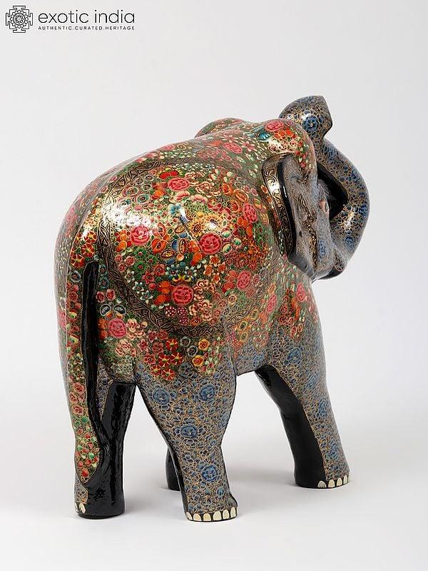 Exotic India 16" Hand-Painted Wood Based Papier Mache Elephant Family (Set Of 3) | Home Decor