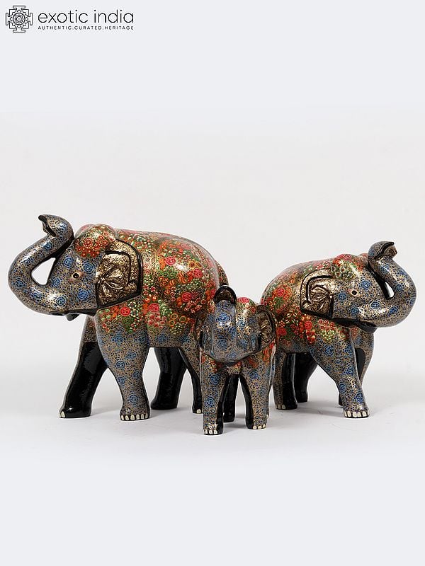 exotic india 16" Hand-Painted Wood Based Papier Mache Elephant Family (Set of 3) | Home Decor 