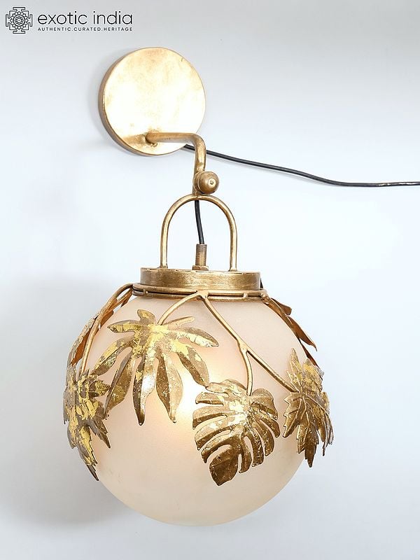 Exotic India 16" Iron Mapple Leaves Design Wall Hanging Lamp | Home Decor 