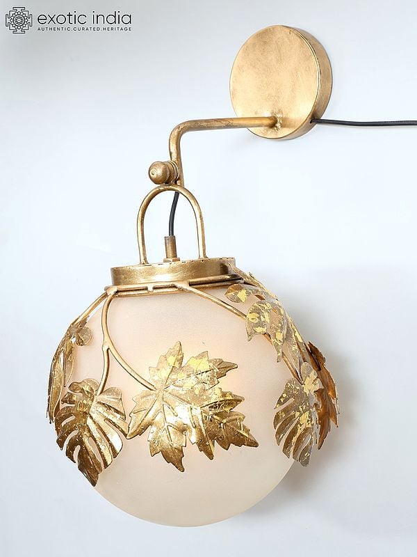 Exotic India 16" Iron Mapple Leaves Design Wall Hanging Lamp | Home Decor 