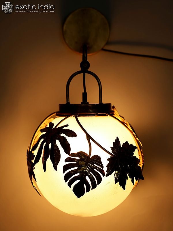 exotic india 16" Iron Mapple Leaves Design Wall Hanging Lamp | Home Decor