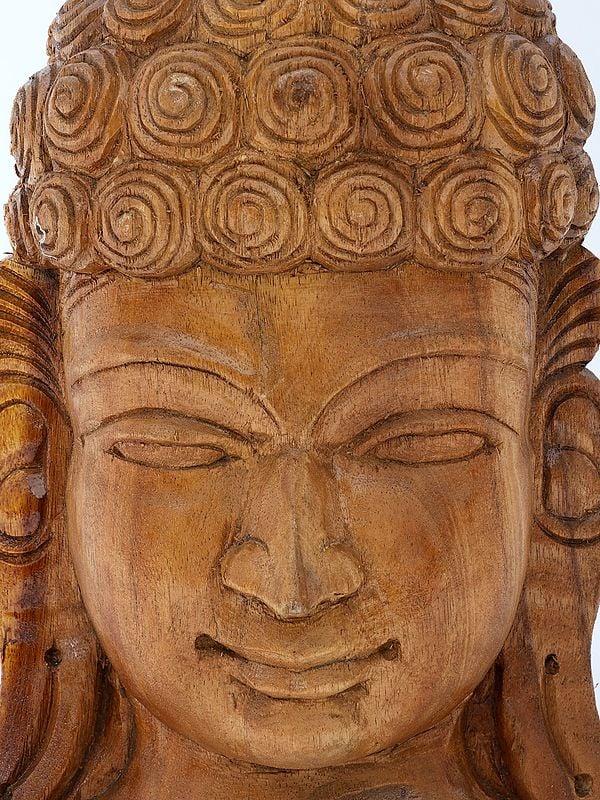 Exotic India 16" Lord Buddha Face Wall Hanging | Wood Carving 