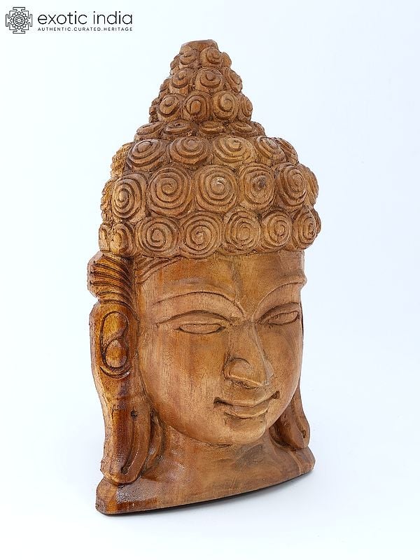 Exotic India 16" Lord Buddha Face Wall Hanging | Wood Carving 