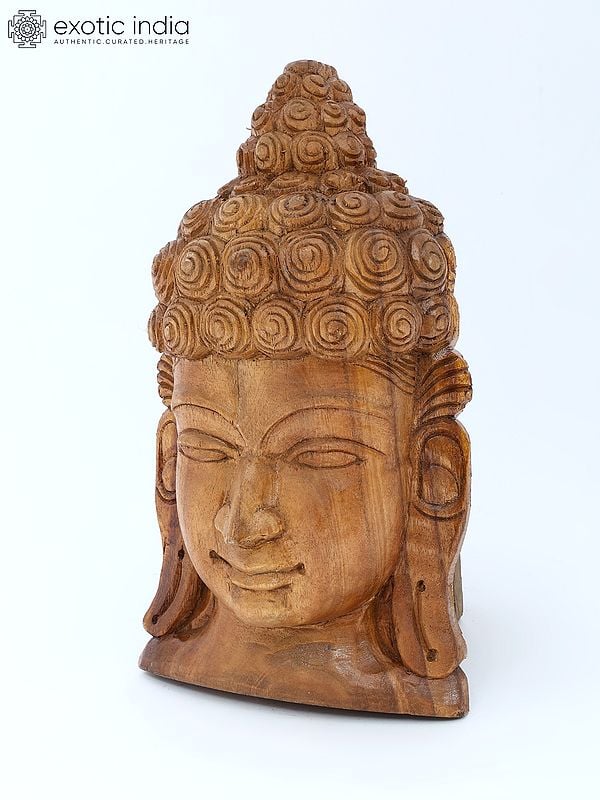 Exotic India 16" Lord Buddha Face Wall Hanging | Wood Carving 
