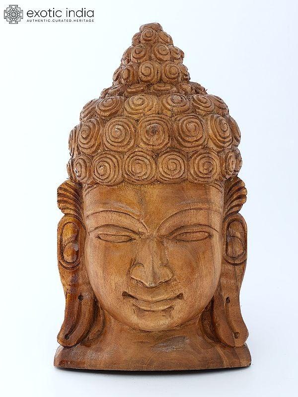 exotic india 16" Lord Buddha Face Wall Hanging | Wood Carving 