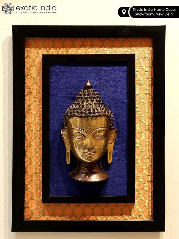 Exotic India 16" Lord Buddha Head Wood Framed Brass Sculpture | Wall Hanging Decor 