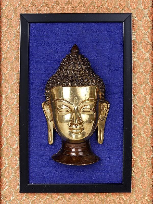 Exotic India 16" Lord Buddha Head Wood Framed Brass Sculpture | Wall Hanging Decor 