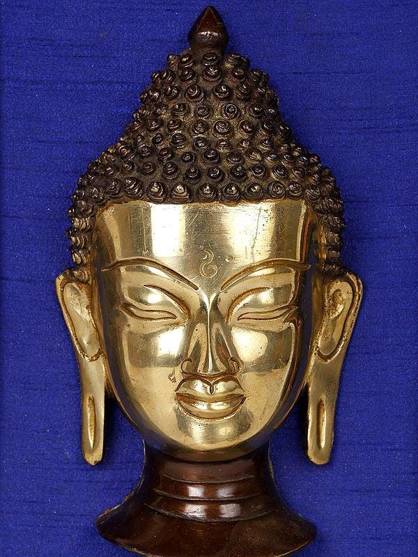 Exotic India 16" Lord Buddha Head Wood Framed Brass Sculpture | Wall Hanging Decor 